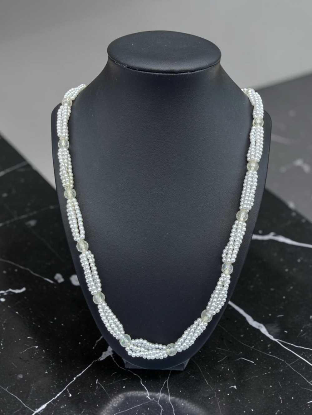 Vintage Multi Strand‎ White Seed Pearl Necklace Iridescent AB Faceted Beads 28"